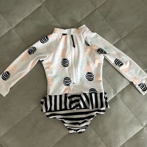 Striped and Leaf Print One-Piece, Long Sleeve Swimsuit